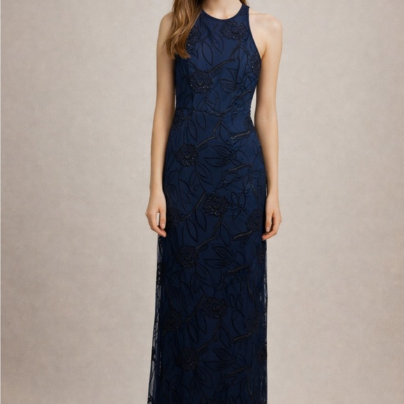 Aidan Mattox Midnight Blue sequins sleeveless Floral Maxi Dress - Picture 4 of 11
